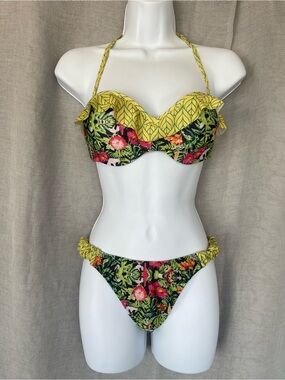 Taquion Tropical Floral Bikini Set Yellow Ruffled Halter Top Cheeky Bottom